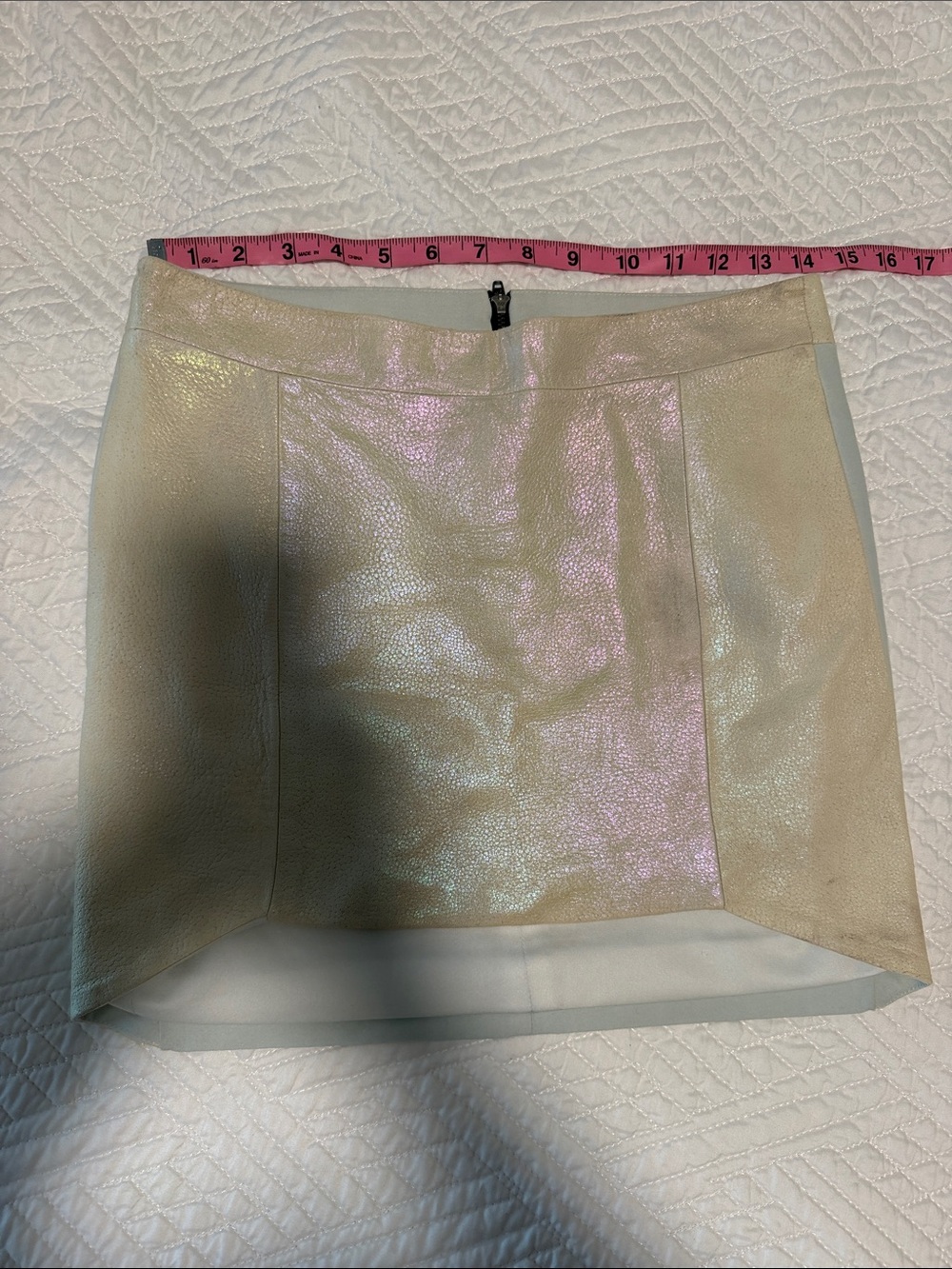 Mason Iridescent Cream Leather Mini Skirt with Pink-Green Sheen